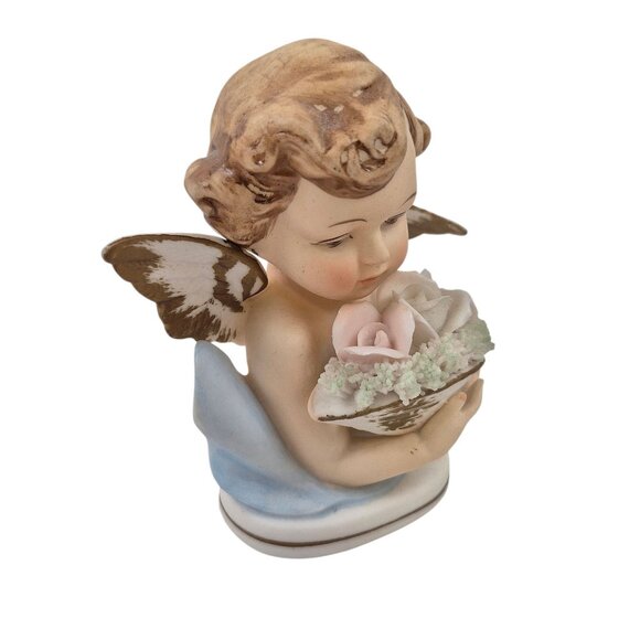 Tilso Cherub Angel Pair Figurines Bisque Porcelain Pink Blue Flowers 1958 - Picture 4 of 10